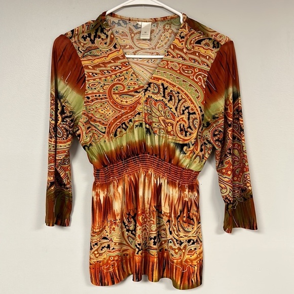 Super Cute Rust & Orange BOHO V-neck top, 3/4 sleeves, gathered waist, M - Picture 1 of 8